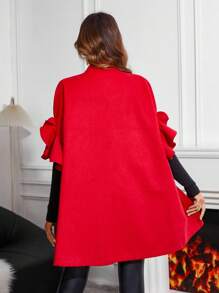 SHEIN Clasi Ruffle Trim Batwing Sleeve Open Front Overcoat - Red - View 2