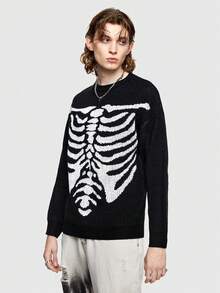 ROMWE MEN ROMWE Avant Guys Skeleton Pattern Sweater - Black - View 6