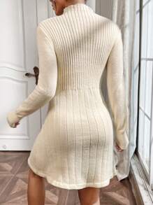 SHEIN Privé Solid Color Stand Collar Knitted Sweater Dress With Pearl Button And Ribbed Detail - Black - View 4