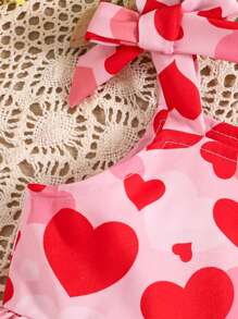 SHEIN Elladie kids Young Girl Summer Fashion Heart Allover Print Sleeveless Bow Ruffle Hem Casual Dress, Simple And Comfortable Summer Holiday - Red - View 4