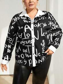 SHEIN Essnce Plus Letter Graphic Contrast Trim Shirt - Black and White - View 1