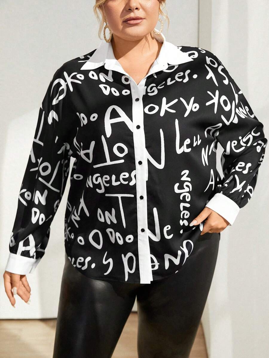 SHEIN Essnce Plus Letter Graphic Contrast Trim Shirt - Black and White - View 1