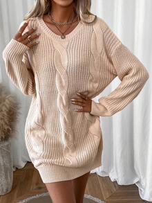 SHEIN LUNE 麻花編織落肩袖毛衣洋裝 - 米色 - 查看 4