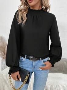 SHEIN Clasi 燈籠袖褶邊領襯衫 - 黑色 - 查看 5