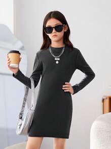 Cô gái Tween Cổ giả Đồ đan Ribbed Váy áo thun - màu đen - Xem 3