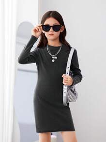 Cô gái Tween Cổ giả Đồ đan Ribbed Váy áo thun - màu đen - Xem 5