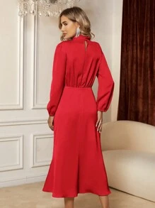 SHEIN Clasi 女式純色高領燈籠袖褶皺連身裙 - 紅色 - 查看 2