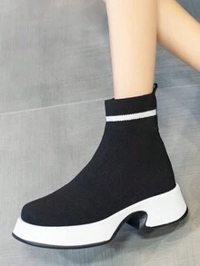 Giày bốt tất co giãn thời trang dành cho nữ 2023 Giày bốt cổ cao đế cao mới - màu đen - Xem 3