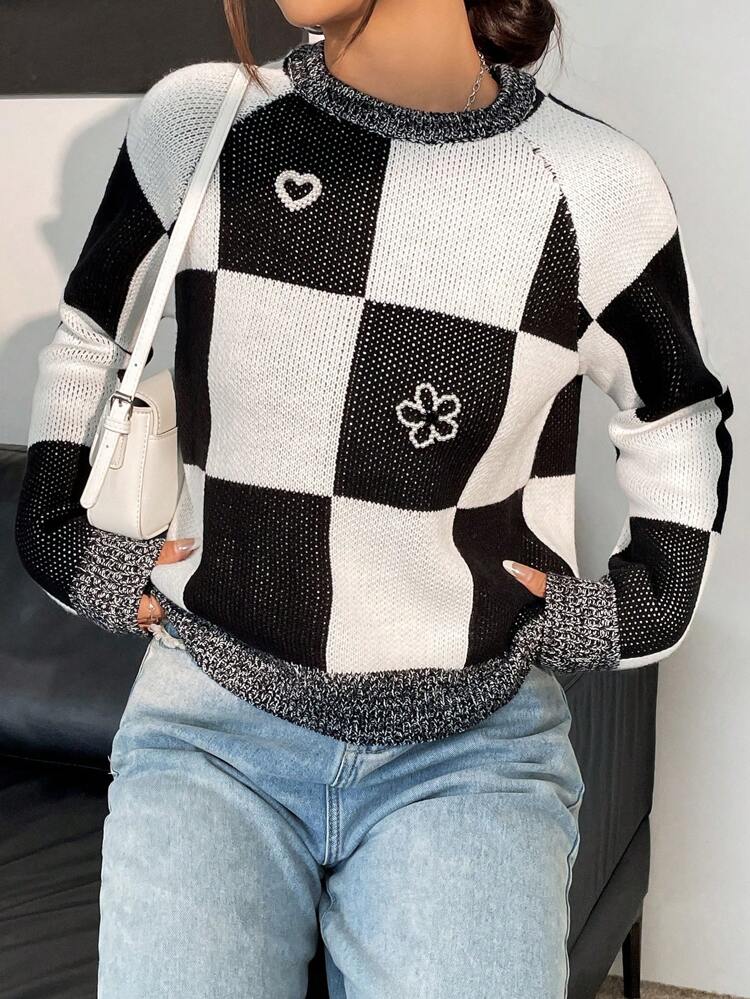 Checker & Floral Pattern Raglan Sleeve Knit Pullover Fall Winter Sweater