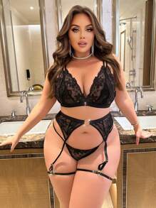 Ladies' Plus Size Lace Sexy Lingerie Set Of 5 Pieces - Black - View 4