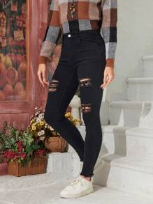 SHEIN LUNE Ripped Raw Hem Skinny Jeans - Black - View 3