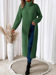 SHEIN Essnce Turtleneck Wrap Hem Drop Shoulder Sweater Knit Pullover Fall Winter Outfit - Army Green - View 3