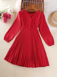 Cô gái Tween Surplice cổ Tay áo lồng đèn Viền xếp Đầm - Đỏ - Xem 1