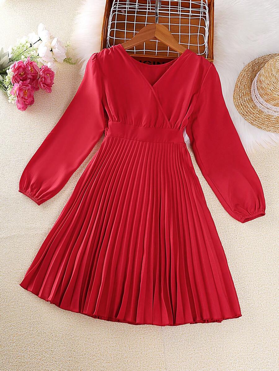 Cô gái Tween Surplice cổ Tay áo lồng đèn Viền xếp Đầm - Đỏ - Xem 1