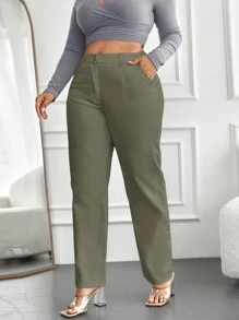 SHEIN Cottnline Plus High Waist Straight Leg Pants - Olive Green - View 5