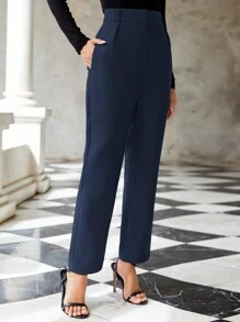 EURMUSE Solid High Waist Suit Pants - Navy Blue - View 4
