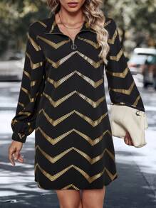 SHEIN LUNE Print Quarter Zip Lantern Sleeve Dress - Multicolor - View 1