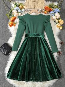 SHEIN Cô gái Tween Viền Ruffle Váy có thắt lưng - màu xanh lá - Xem 2