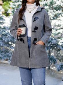 SHEIN CURVE+ 大碼雙口袋行李袋連帽花呢外套 - 灰色 - 查看 1