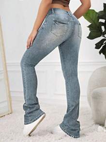 SHEIN EZwear Y2k Cat Whisker Ripped Flare Leg Blue Jeans - Dark Wash - View 2