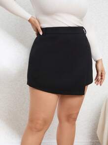SHEIN Privé Women's Plus Size Solid Color Wrapped Skorts With Elastic Waist - Black - View 5