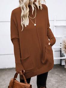 SHEIN LUNE 高領蝙蝠袖口袋貼布套頭毛衣 - 鏽棕色 - 查看 4