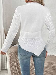 SHEIN LUNE Áo len dệt kim xoắn viền bất đối xứng cổ chữ V - trắng - Xem 2