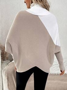 SHEIN LUNE Turtleneck Asymmetrical Hem Batwing Sleeve Sweater - Khaki - View 2