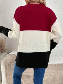 SHEIN LUNE Color Block V-Neck Drop Shoulder Cable Knit Pullover Fall Winter Sweater - Black - View 2