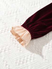 Tween Girl Contrast Lace Ruffle Trim Flare Sleeve Dress - Burgundy - View 10