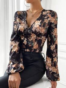 SHEIN Privé In hoa Tay áo lồng đèn Áo sơ mi Crop - Nhiều màu - Xem 4