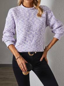 SHEIN LUNE Polka Dot Yarn Round Neck Drop Shoulder Sweater Knit Pullover Fall Winter Outfit - White - View 4