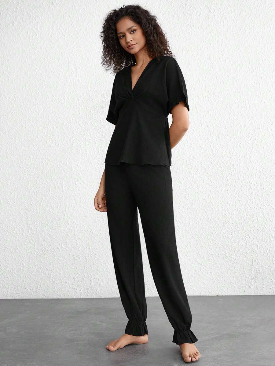 Solid V Neck Flounce Sleeve Top & Pants Lounge Set - Black - View 1