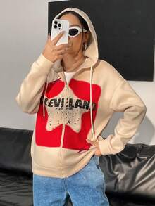 SHEIN Unity Đồ họa Chữ cái Dây kéo Dây rút Hoodie - Màu be - Xem 6