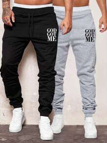 Manfinity Homme 男士2入組字母圖案腰部抽繩衛褲 - 彩色 - 查看 1