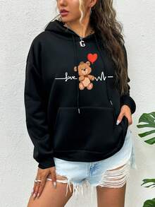 SHEIN EZwear Áo nỉ cỡ lớn in hình trái tim và gấu, túi kangaroo, vai rớt, dây rút. - màu đen - Xem 6