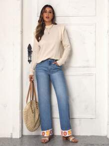 SHEIN LUNE Floral Embroidery Straight Leg Jeans - Blue - View 4