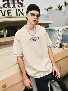 Contrast Color Earth Print Suede T-shirt - Apricot - View 2