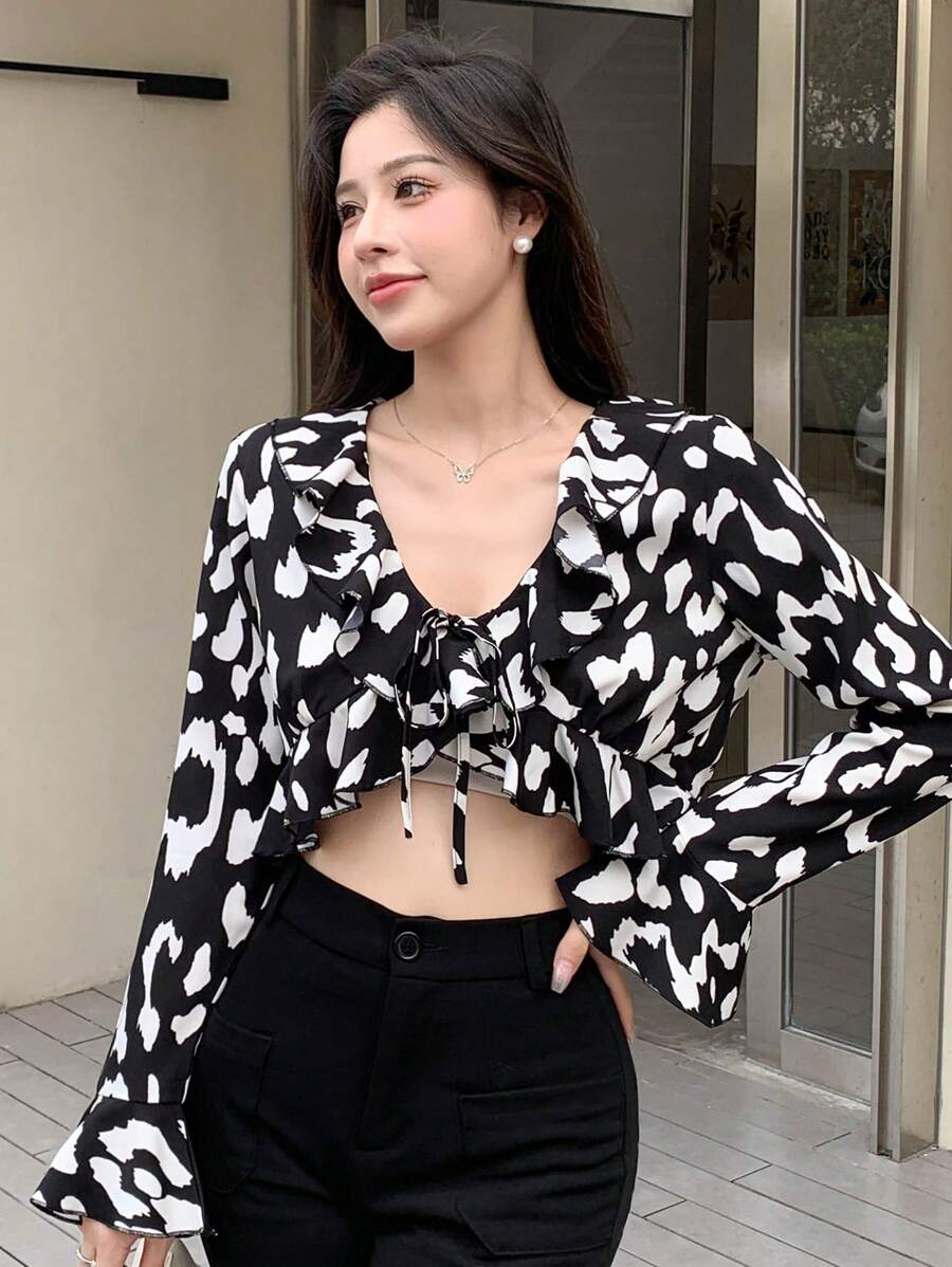 DAZY In vết tròn Polka Lace-up Tay áo dài Áo sơ mi , Giải trí Phong cách - Nhiều màu - Xem 1