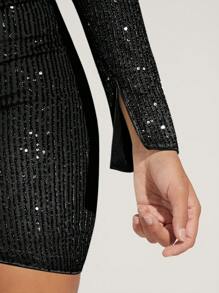 SHEIN BAE Conjunto Corto De Dos Piezas Negro Con Brillo Para Mujeres, Adecuado Para Fiestas Nocturnas En El Club