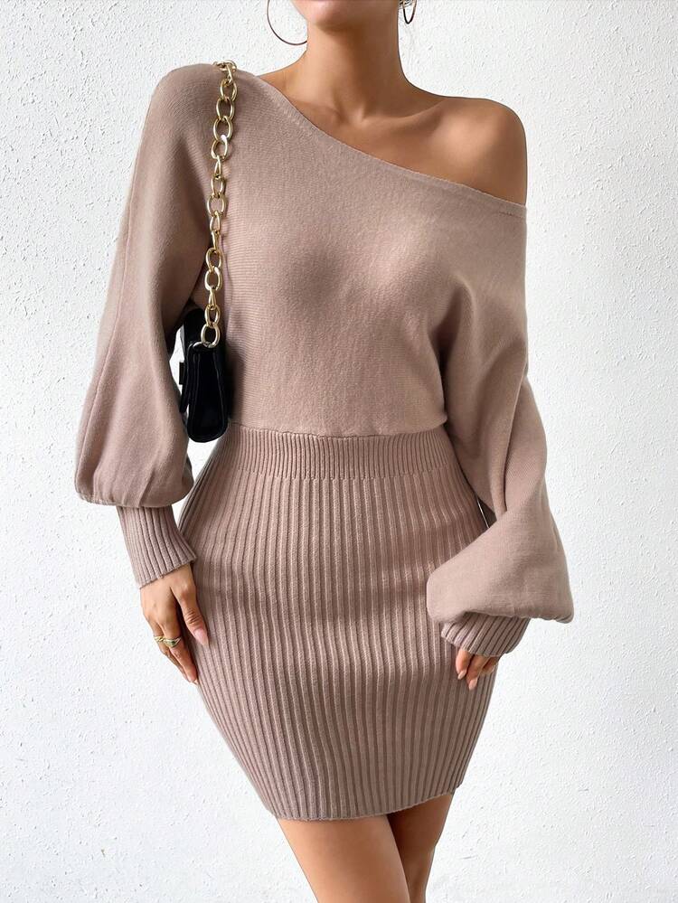 Women's Solid Color Asymmetrical Neck Lantern Sleeve Sweater Dress