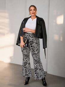 SHEIN Privé Hơn Sọc Ngựa vằn Quần ống loe - Đen và trắng - Xem 1