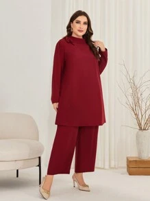 Mulvari 大尺碼女士立領蝴蝶結長袖上衣和寬腿裝休閒套裝 - 粉色 - 查看 1