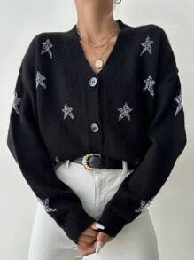 EURMUSE Star Pattern Drop Shoulder Cardigan - Black and White - View 5