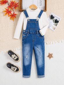 SHEIN Young Girl 1pc Ripped Patched Pocket Denim Overalls - Medium Wash - View 3