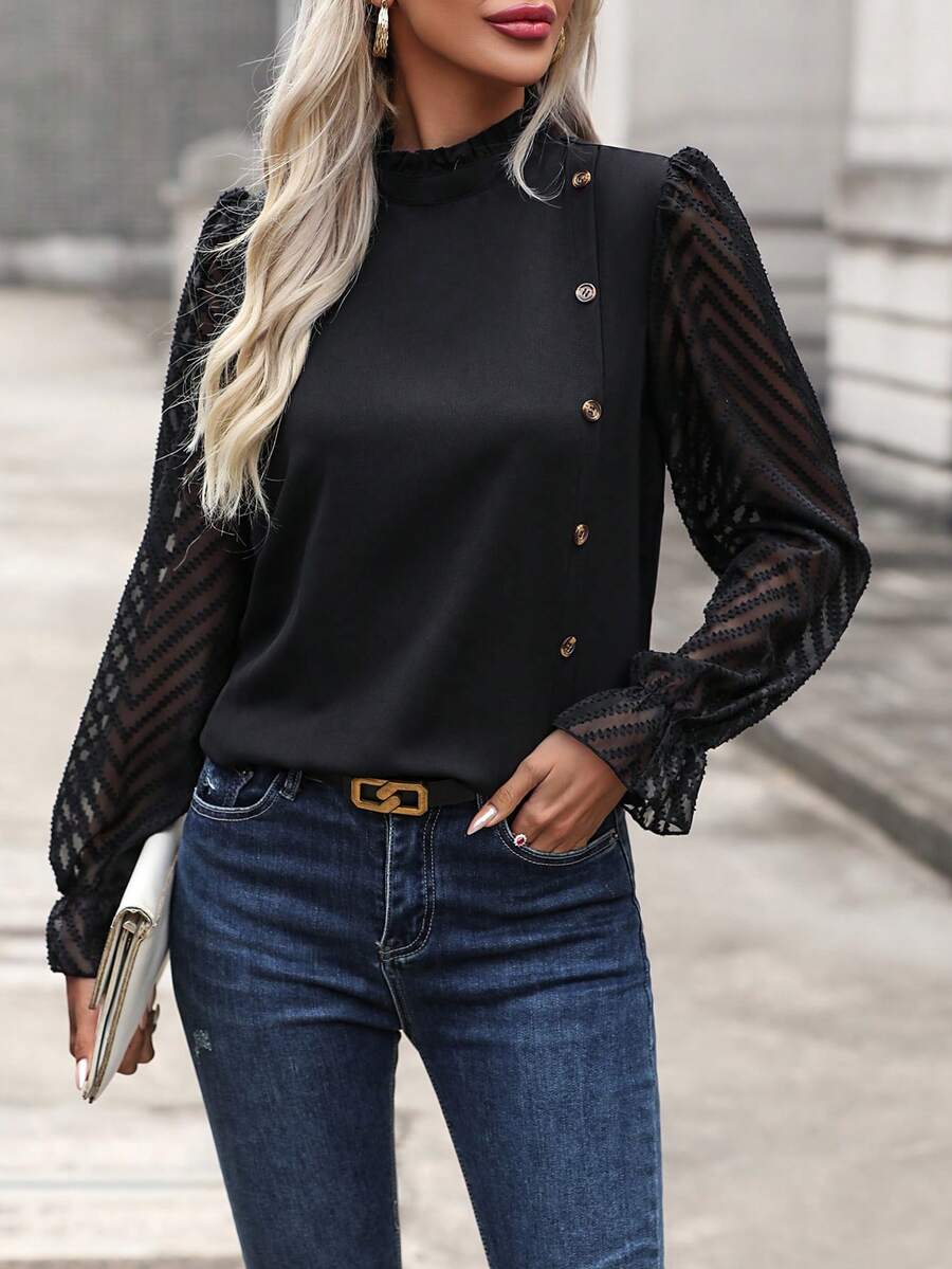 SHEIN Clasi Lưới tương phản tay áo lá sen Cổ giả Áo sơ mi - màu đen - Xem 1