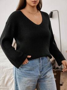 Flirla 加大码落肩罗纹针织套头衫秋冬毛衣 - 黑色 - 查看 3