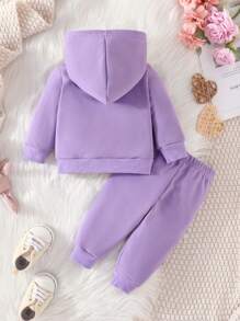 Baby Girl Heart Print Kangaroo Pocket Hoodie & Sweatpants - Purple - View 2