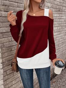 EMERY ROSE Colorblock Asymmetrical Neck Sweatshirt - Burgundy - View 5
