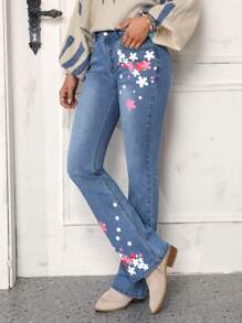 SHEIN LUNE Floral Print Flared Jeans